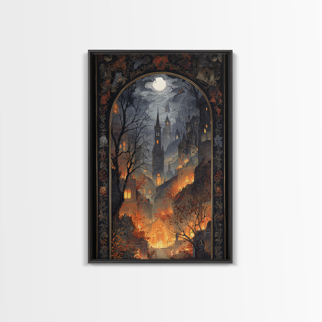 The Monster In The Mirror Cabinet - Environmental Panorama, Macabre Halloween Art, Vertical Wall Art, Framed Canvas Print, Gothic Wall Art