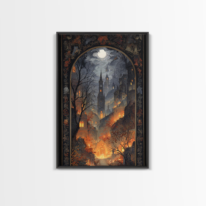 The Monster In The Mirror Cabinet - Environmental Panorama, Macabre Halloween Art, Vertical Wall Art, Framed Canvas Print, Gothic Wall Art