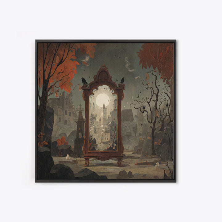 The Monster In The Mirror Cabinet - Environmental Panorama, Halloween Wall Art, Square Wall Art, Framed Canvas Print, Halloween Home Decor