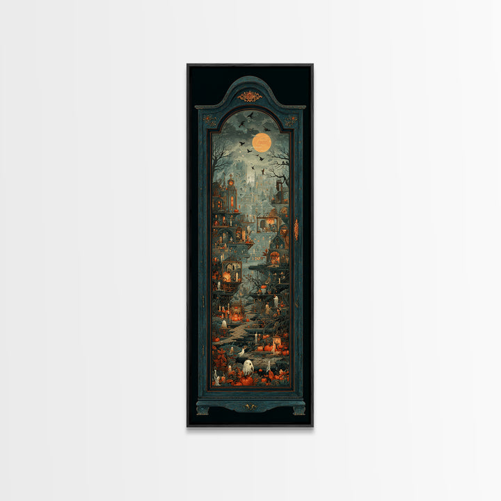 The Monster In The Mirror Cabinet - Environmental Panorama, Halloween Wall Art, Tall Narrow Wall Art, Framed Canvas Print, Gothic Wall Art