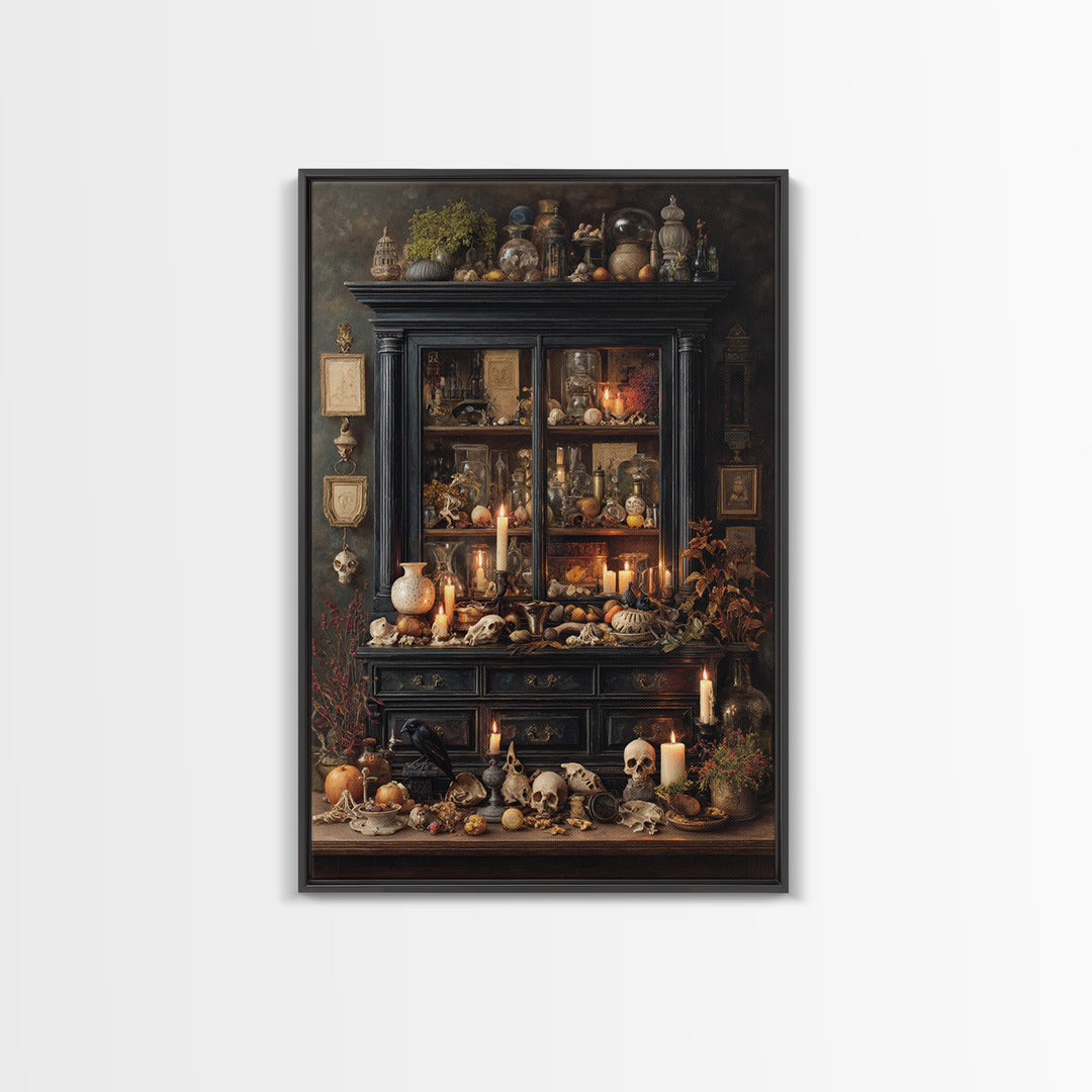 The Monster In The Mirror Cabinet - Occult Still Life, Macabre Halloween Art, Vertical Wall Art, Framed Canvas Print, Halloween Home Decor