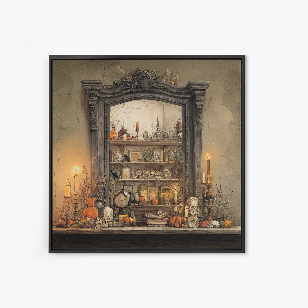 The Monster In The Mirror Cabinet - Occult Still Life, Dark Fantasy Wall Art, Square Wall Art, Canvas Print, Halloween Home Decor