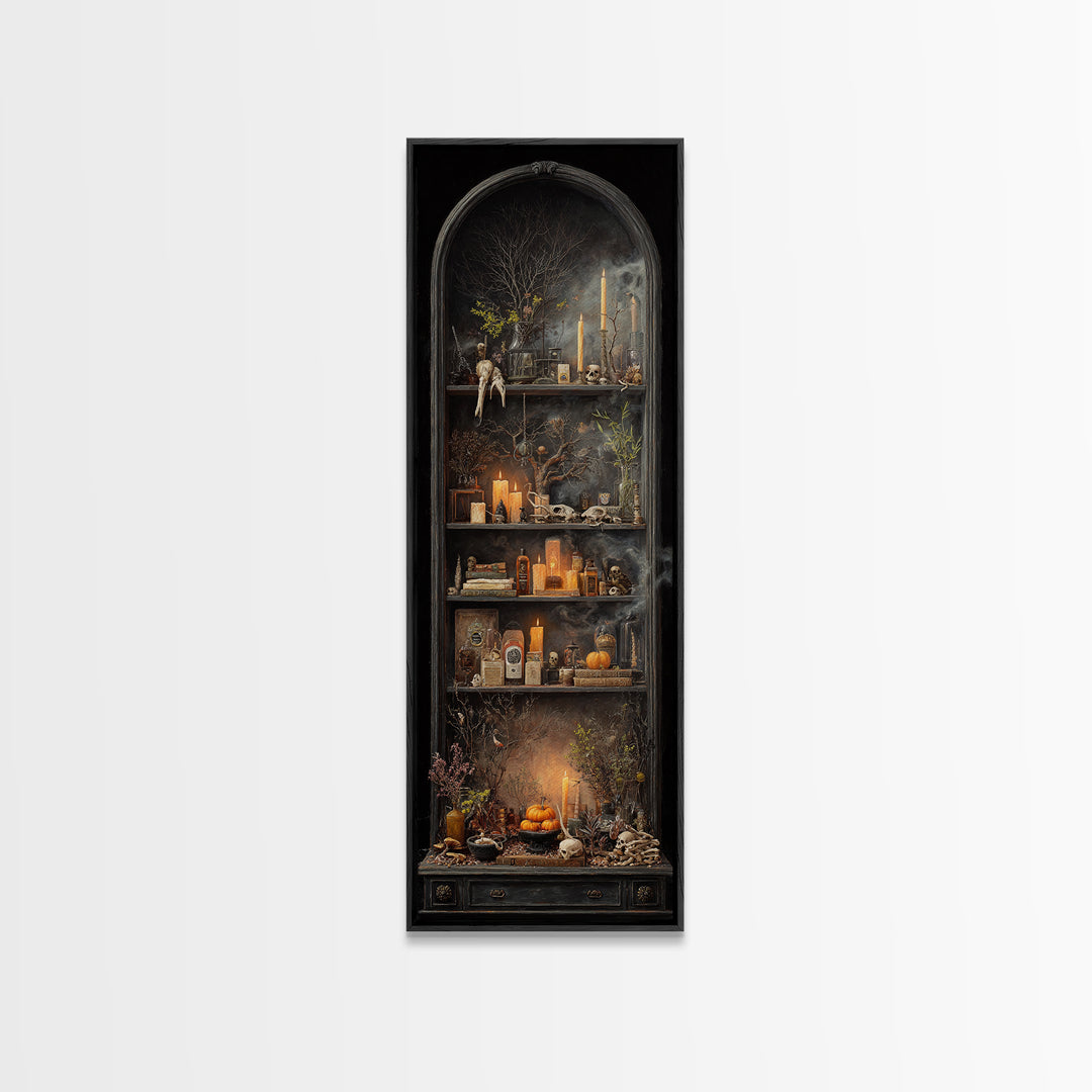 The Monster In The Mirror Cabinet - Occult Still Life, Dark Fantasy Wall Art, Tall Narrow Wall Art, Canvas Print, Halloween Home Decor