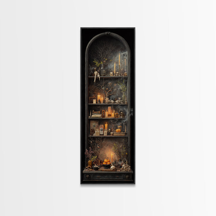 The Monster In The Mirror Cabinet - Occult Still Life, Dark Fantasy Wall Art, Tall Narrow Wall Art, Canvas Print, Halloween Home Decor