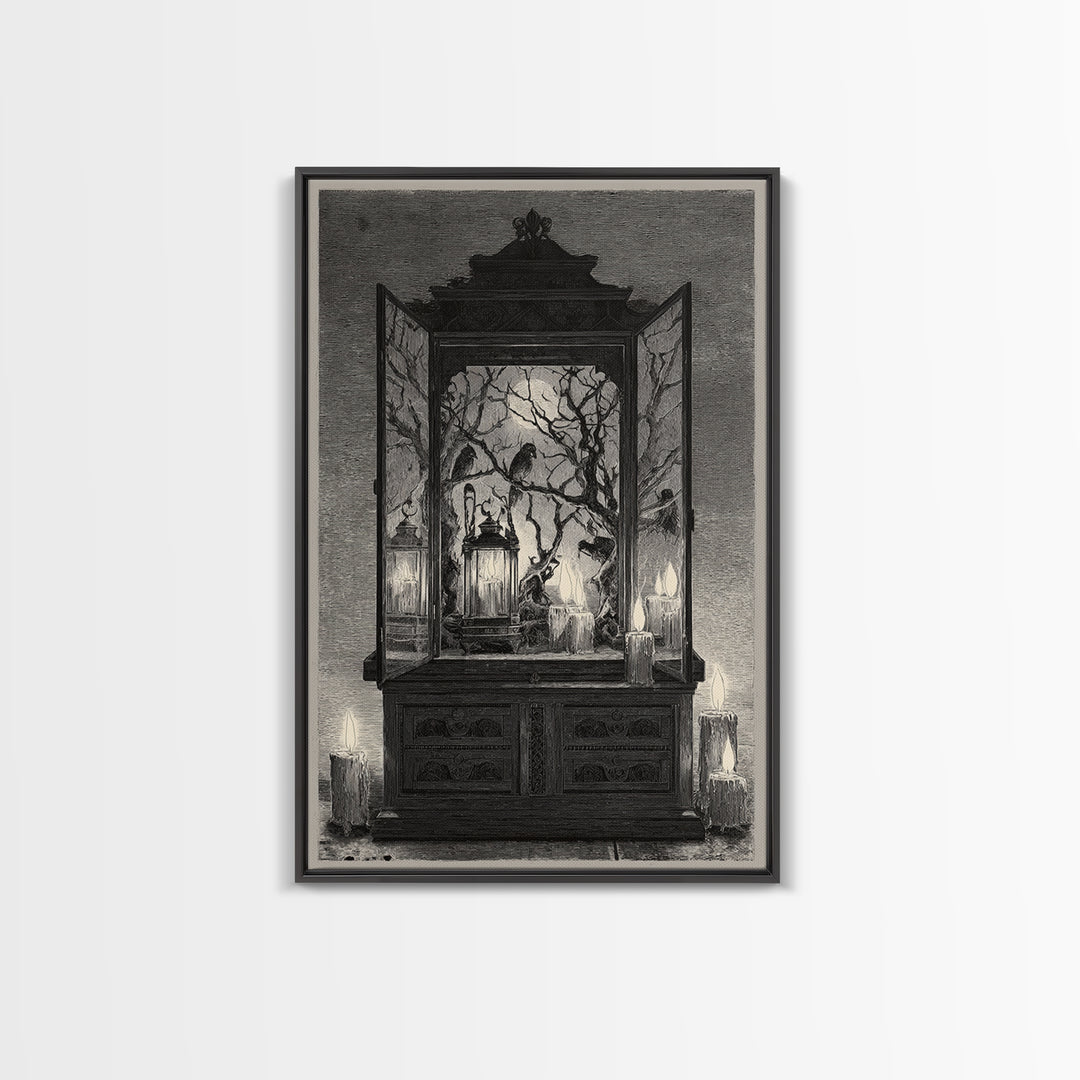 The Monster In The Mirror Cabinet - Procession Scene, Macabre Halloween Art, Vertical Wall Art, Framed Canvas Print, Halloween Home Decor
