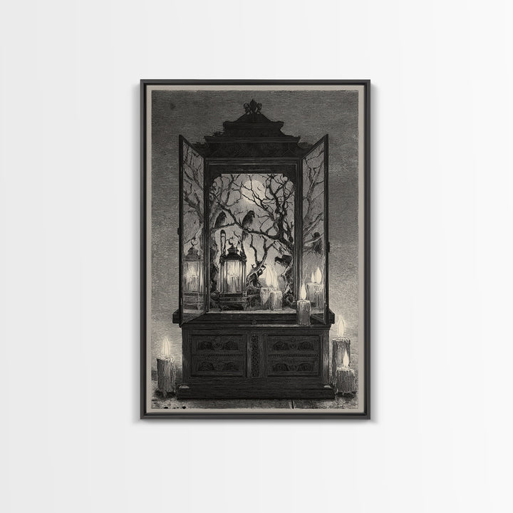 The Monster In The Mirror Cabinet - Procession Scene, Macabre Halloween Art, Vertical Wall Art, Framed Canvas Print, Halloween Home Decor