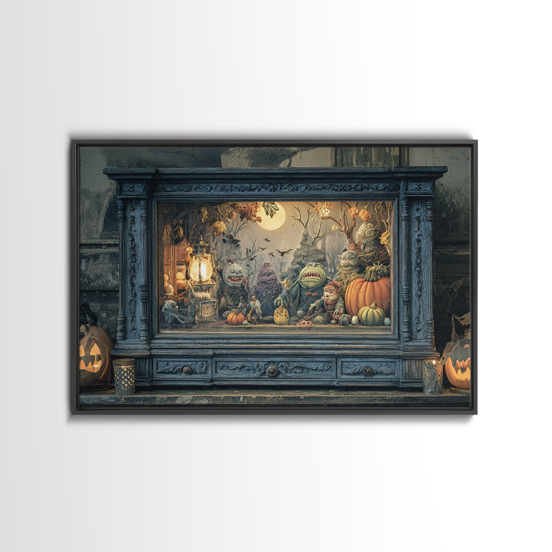 The Monster In The Mirror Cabinet - Procession Scene, Macabre Halloween Art, Landscape Wall Art, Framed Canvas Print, Halloween Home Decor