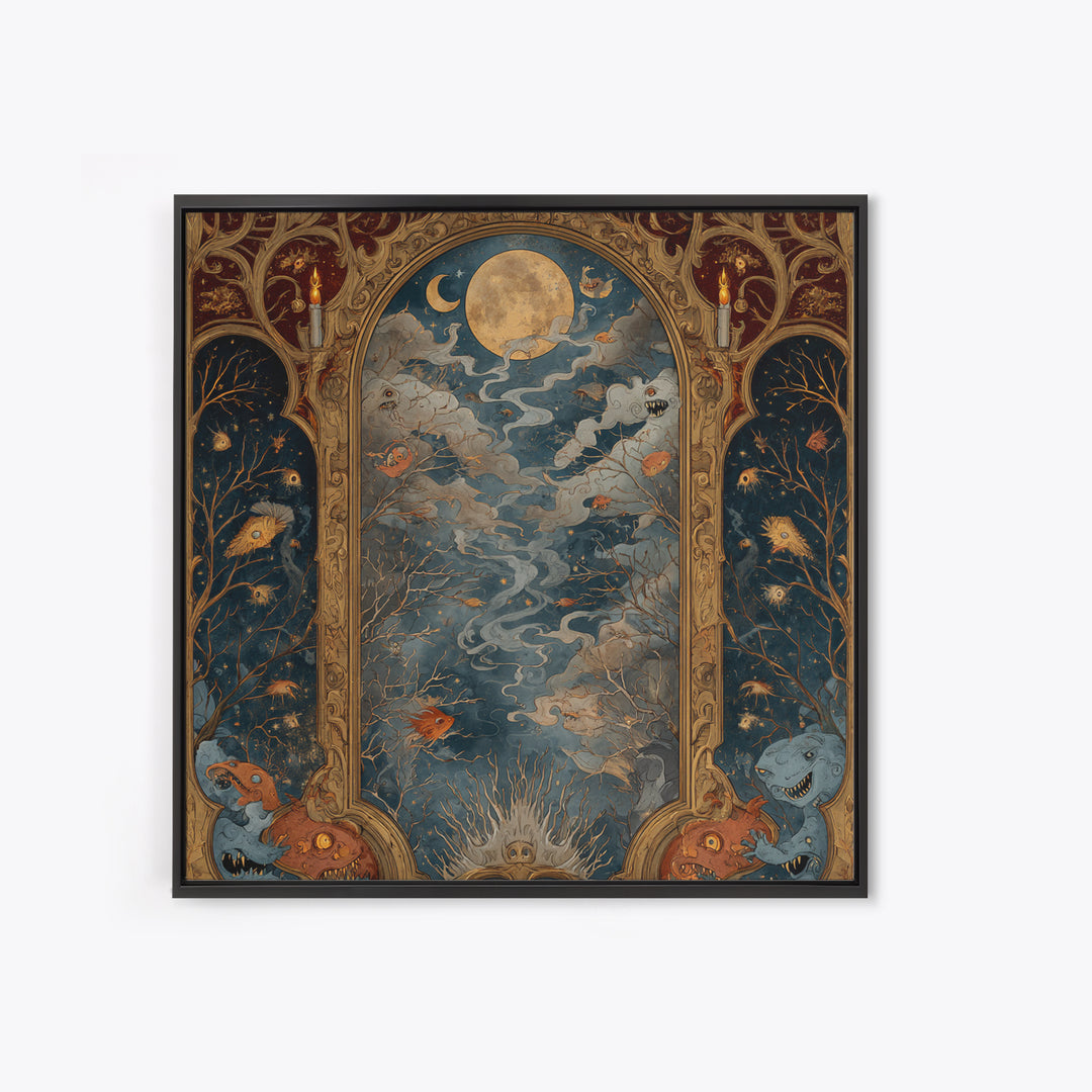 The Monster In The Mirror Cabinet - Surreal Celestial Vision, Macabre Halloween Art, Square Wall Art, Framed Canvas Print, Gothic Wall Art