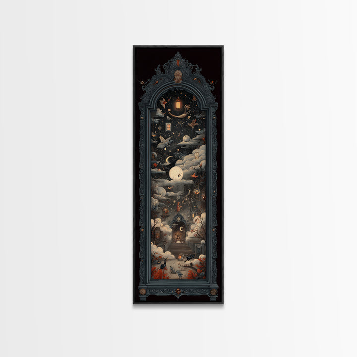The Monster In The Mirror Cabinet - Surreal Celestial Vision, Dark Fantasy Wall Art, Tall Narrow Wall Art, Canvas Print, Gothic Wall Art