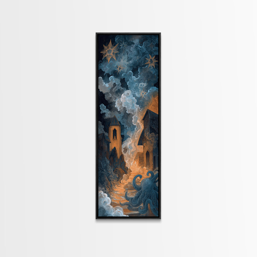 The Bellringer Of The Sunken Cathedral, Dark Fantasy Wall Art, Tall Narrow Wall Art, Framed Canvas Print, Halloween Home Decor