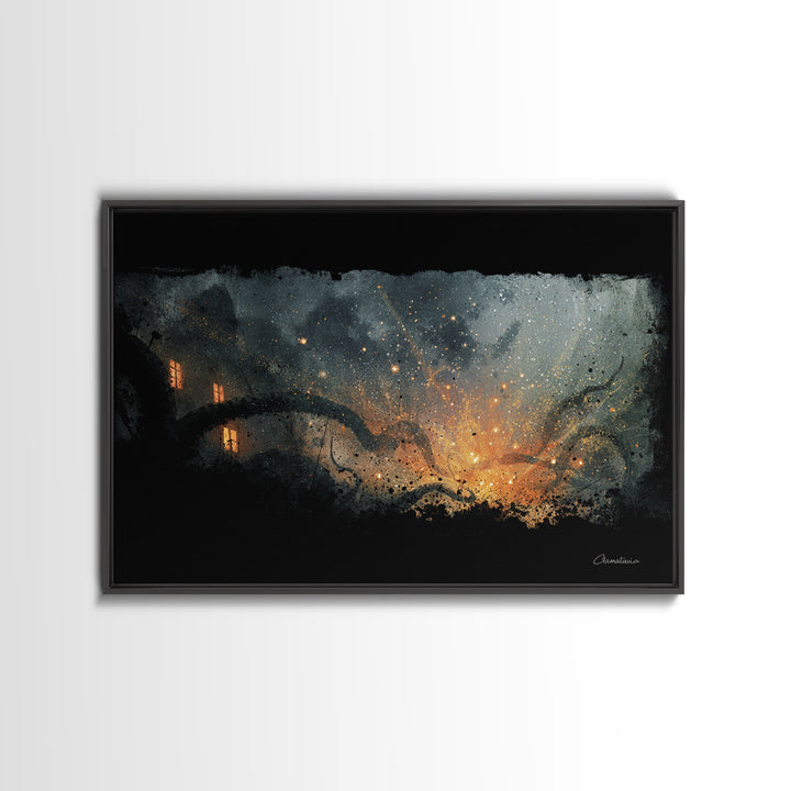 The Crawler Beneath The Floor Of Stars, Spooky Wall Decor, Landscape Wall Art, Framed Canvas Print, Halloween Home Decor, Gothic Wall Art