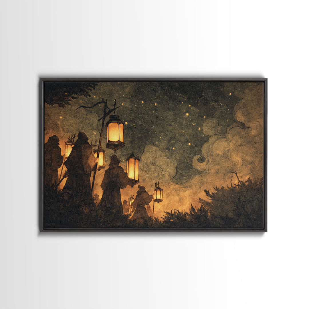 The Innsmouth Lantern Procession, Lovecraftian Wall Art, Landscape Wall Art, Framed Canvas Print, Halloween Home Decor, Gothic Wall Art
