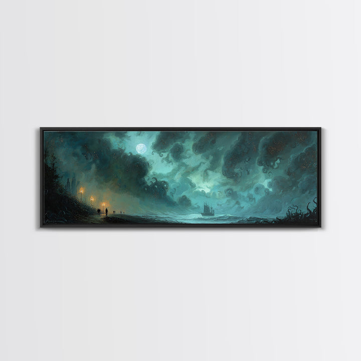 The Innsmouth Lantern Procession, Eldritch Wall Art, Extra Wide Wall Art, Framed Canvas Print, Halloween Home Decor, Gothic Wall Art