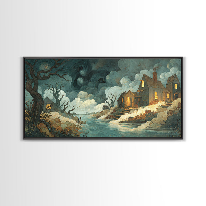 The Mapmaker Of Impossible Shores, Spooky Wall Decor, Wide Panoramic Art, Canvas Print, Halloween Home Decor, Gothic Wall Art