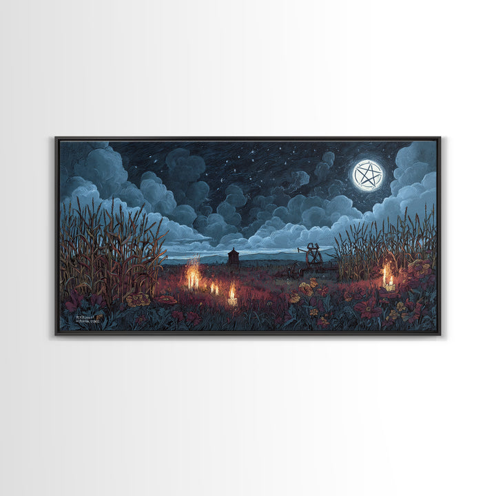 The Harvest Of The Eldritch Field, Occult Wall Decor, Wide Panoramic Art, Framed Canvas Print, Halloween Home Decor, Gothic Wall Art