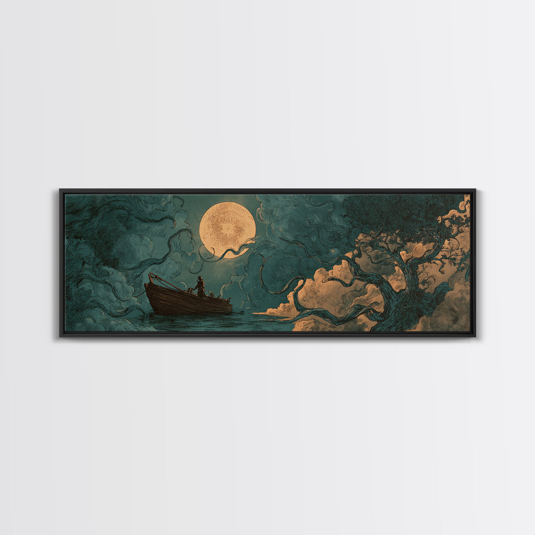 The Ferryman Of The Outer Marsh, Spooky Wall Decor, Extra Wide Wall Art, Framed Canvas Print, Halloween Home Decor, Gothic Wall Art