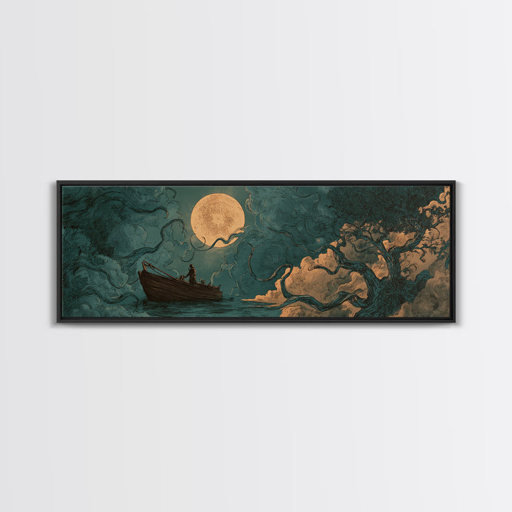 The Ferryman Of The Outer Marsh, Spooky Wall Decor, Extra Wide Wall Art, Framed Canvas Print, Halloween Home Decor, Gothic Wall Art