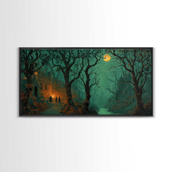 The Grave Gardener Of Yuggoth, Macabre Halloween Art, Wide Panoramic Art, Framed Canvas Print, Halloween Home Decor, Gothic Wall Art
