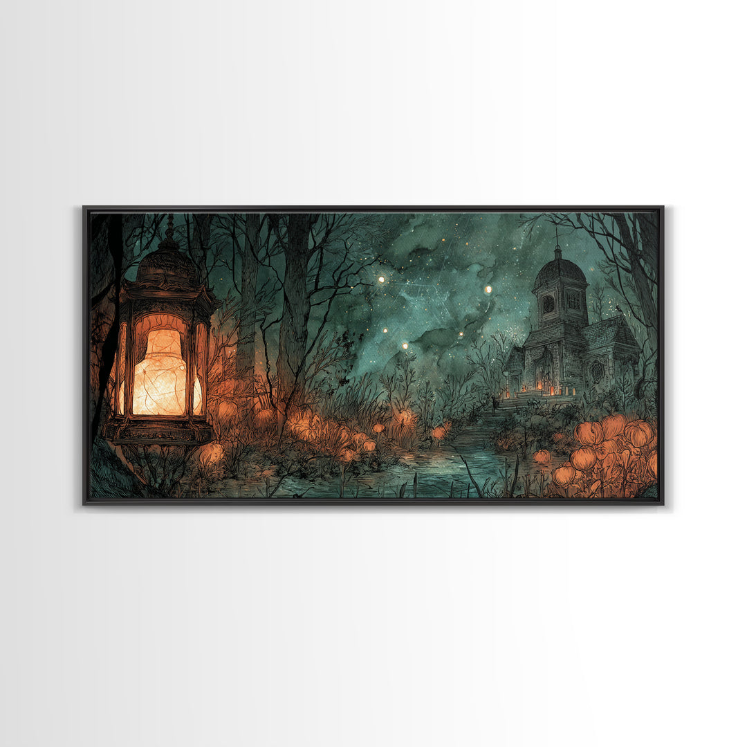 The Lantern Market Beyond The Veil, Eldritch Wall Art, Wide Panoramic Art, Canvas Print, Halloween Home Decor, Gothic Wall Art