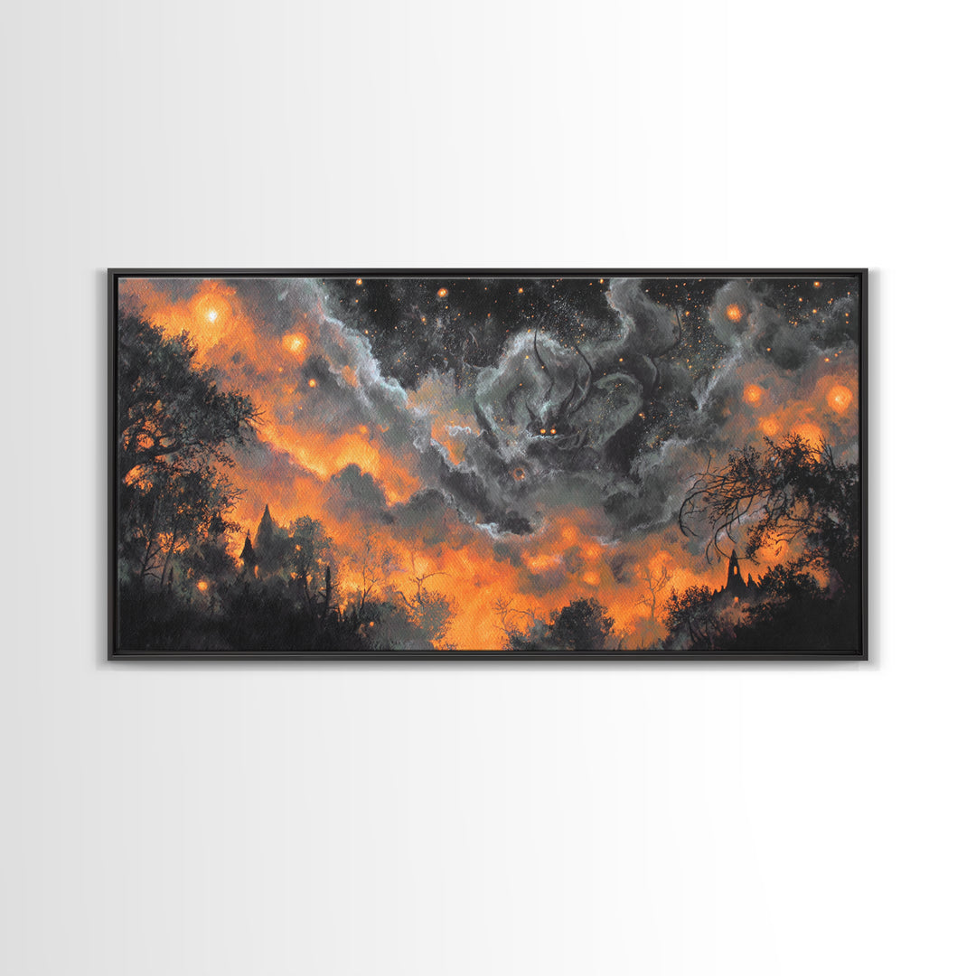 The Moth Prophet Of Kadath, Spooky Wall Decor, Wide Panoramic Art, Framed Canvas Print, Halloween Home Decor, Gothic Wall Art