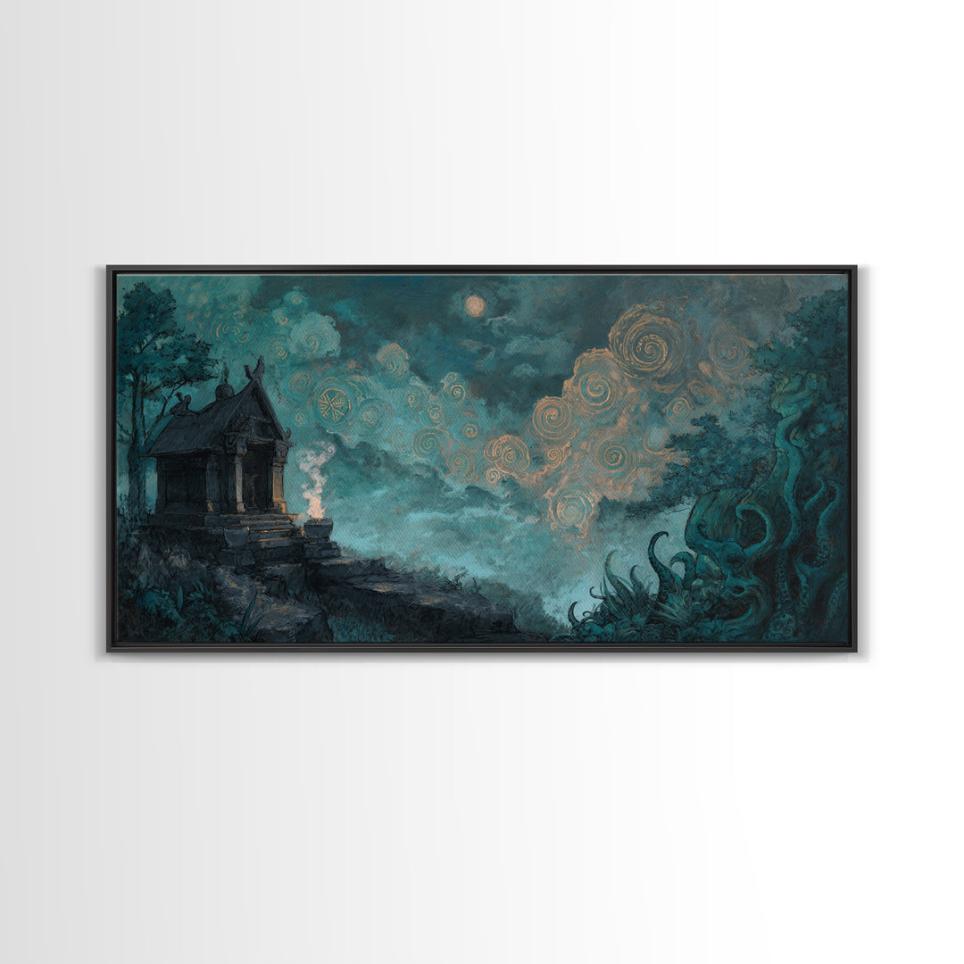 The Custodian Of The Whispering Idol, Cosmic Horror Decor, Wide Panoramic Art, Canvas Print, Halloween Home Decor, Gothic Wall Art