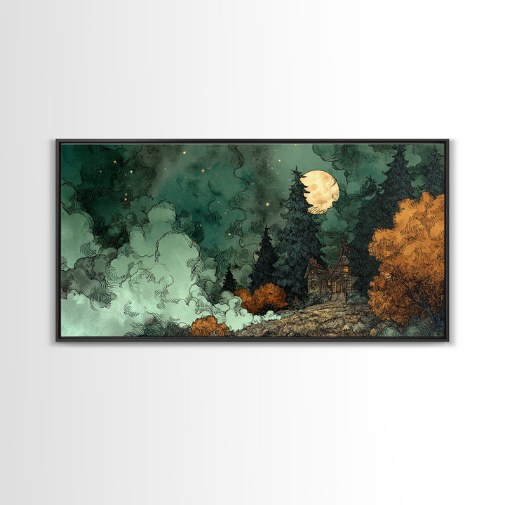 The Children Of The Star Orchard, Cosmic Horror Decor, Wide Panoramic Art, Canvas Print, Halloween Home Decor, Gothic Wall Art
