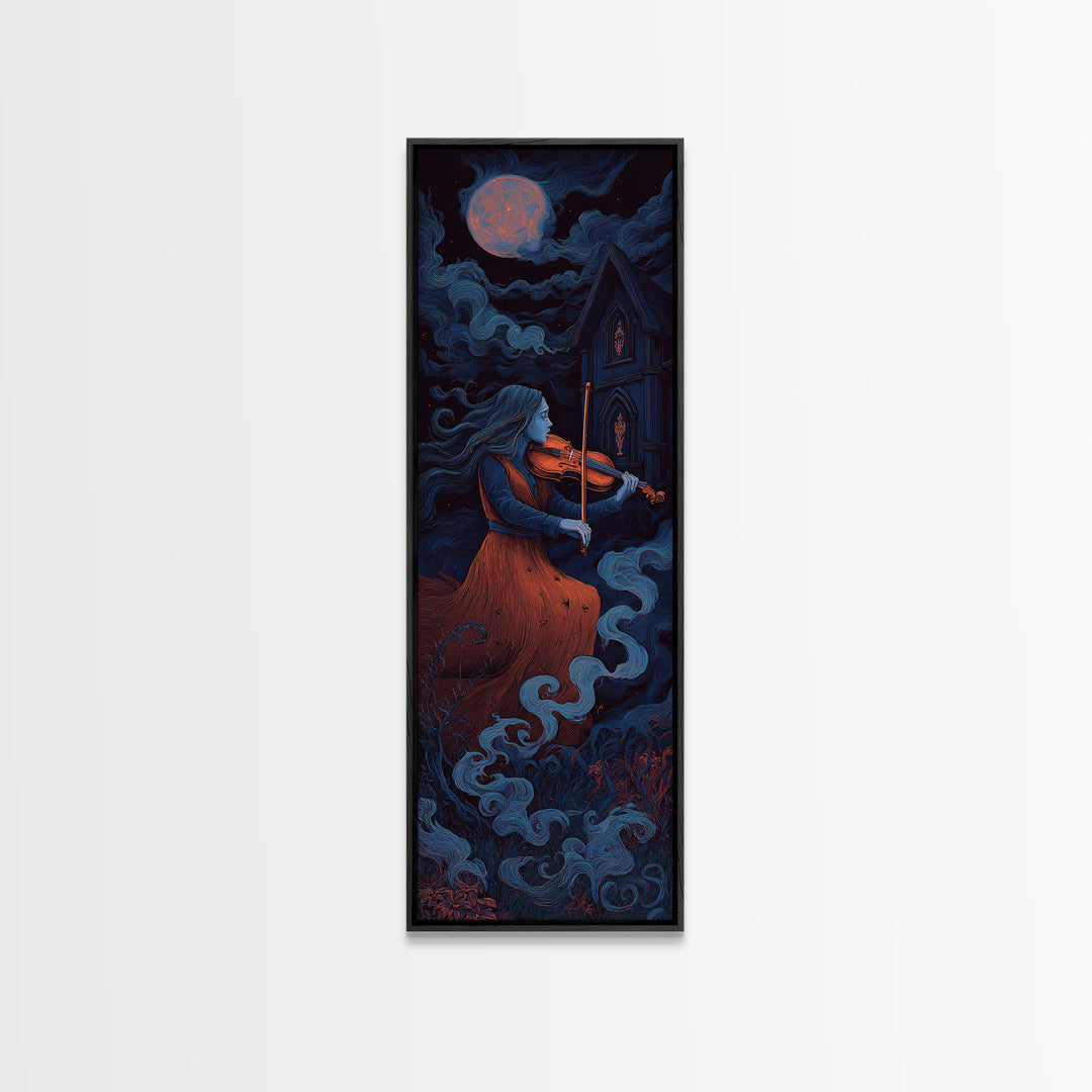 The Violinist Of The Drowned Moon, Macabre Halloween Art, Tall Narrow Wall Art, Canvas Print, Halloween Home Decor, Gothic Wall Art