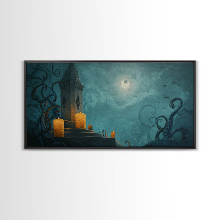 The Candelit Ark Of Forgotten Stars, Gothic Home Decor, Wide Panoramic Art, Framed Canvas Print, Halloween Home Decor, Gothic Wall Art