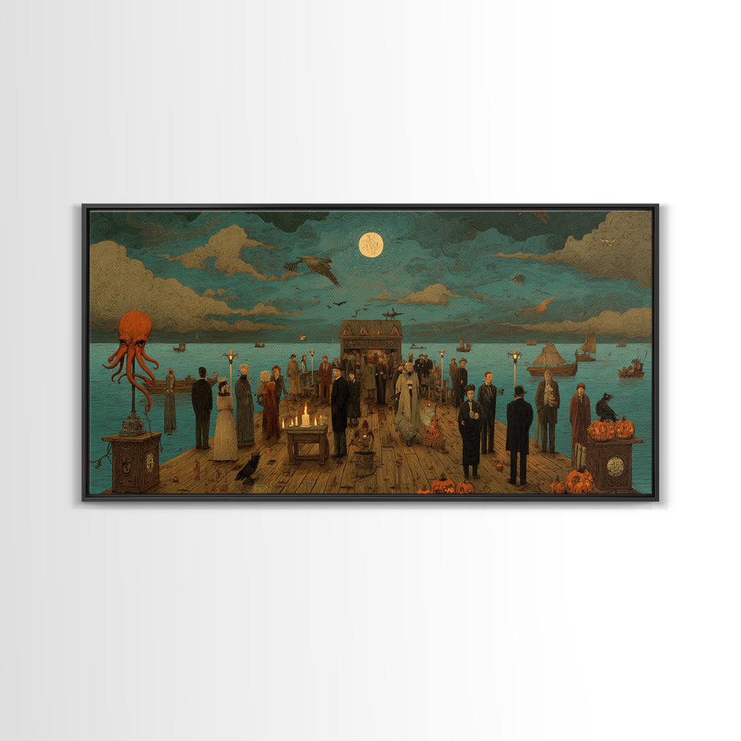 The Tea Party At Innsmouth Pier, Macabre Halloween Art, Wide Panoramic Art, Canvas Print, Halloween Home Decor, Gothic Wall Art