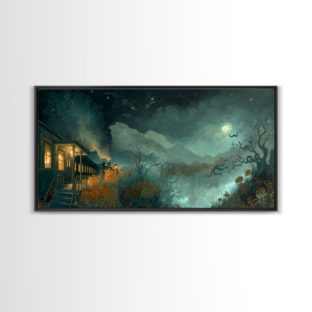 The Phantom Train To Kadath, Dark Fantasy Wall Art, Wide Panoramic Art, Canvas Print, Halloween Home Decor, Gothic Wall Art, Horror Wall Art