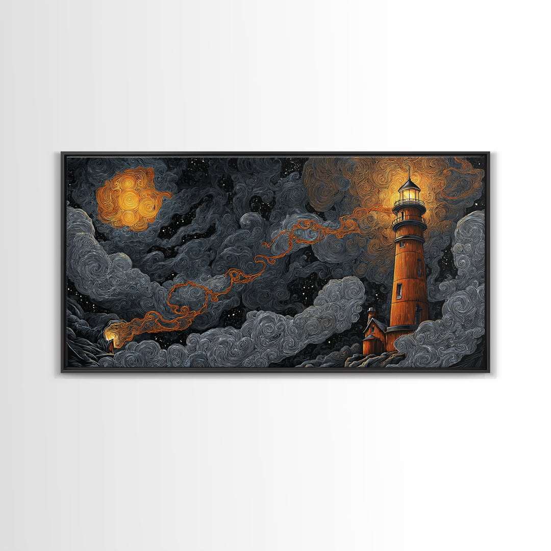 The Last Lighthouse Of Y’Ha-Nthlei, Dark Fantasy Wall Art, Wide Panoramic Art, Framed Canvas Print, Halloween Home Decor, Gothic Wall Art