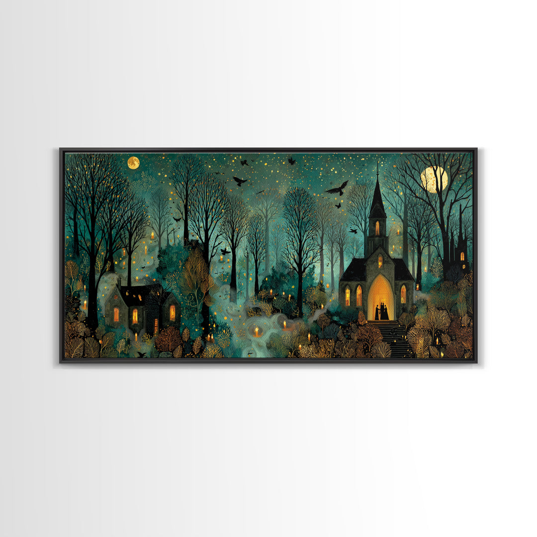The Raven Sermon Of Leng, Halloween Wall Art, Wide Panoramic Art, Framed Canvas Print, Halloween Home Decor, Gothic Wall Art