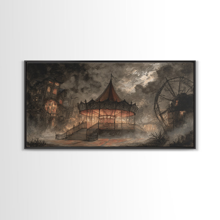 The Carousel Of Sleeping Planets, Macabre Halloween Art, Wide Panoramic Art, Framed Canvas Print, Halloween Home Decor, Gothic Wall Art