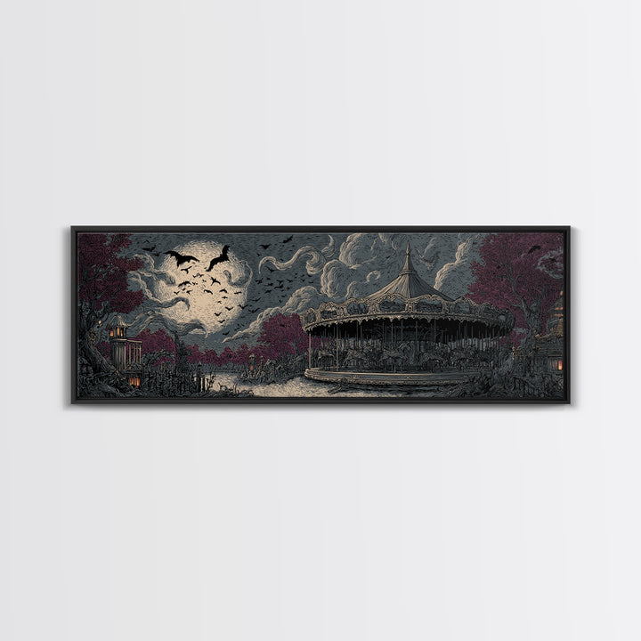 The Carousel Of Sleeping Planets, Macabre Halloween Art, Extra Wide Wall Art, Canvas Print, Halloween Home Decor, Gothic Wall Art