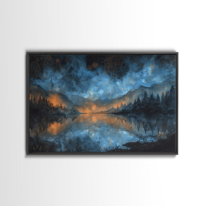 The Mirror Lake Of Lost Constellations, Cosmic Horror Decor, Landscape Wall Art, Framed Canvas Print, Halloween Home Decor, Gothic Wall Art