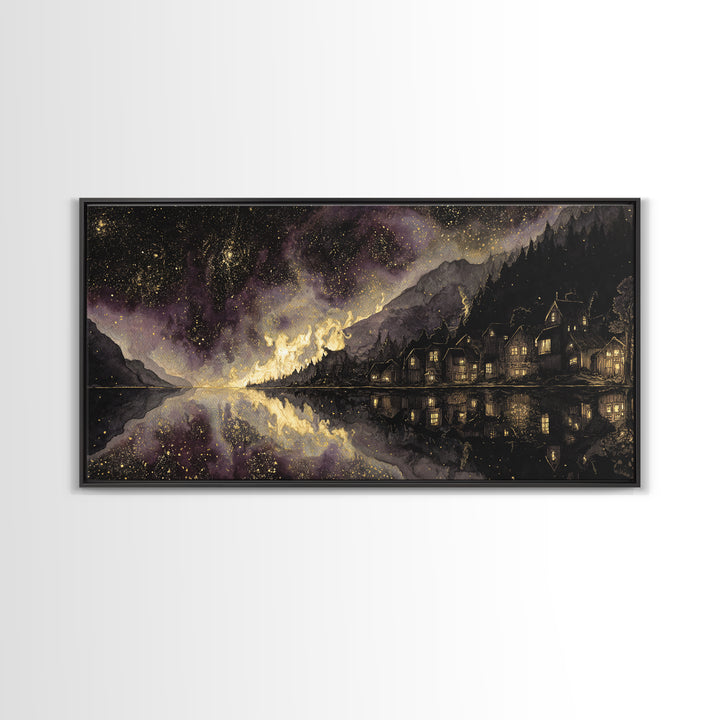 The Mirror Lake Of Lost Constellations, Macabre Halloween Art, Wide Panoramic Art, Canvas Print, Halloween Home Decor, Gothic Wall Art