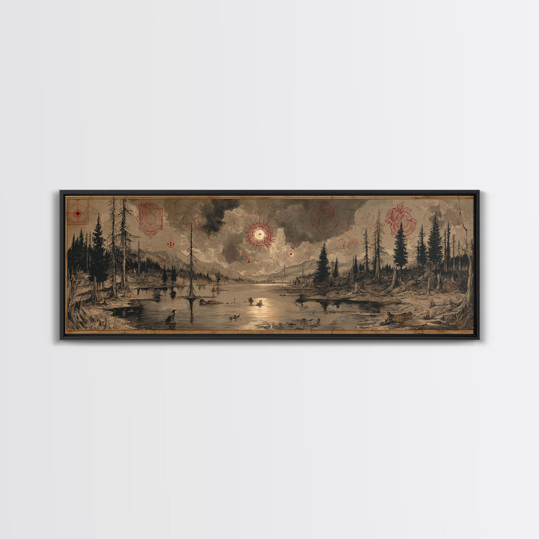 The Mirror Lake Of Lost Constellations, Occult Wall Decor, Extra Wide Wall Art, Framed Canvas Print, Halloween Home Decor, Gothic Wall Art