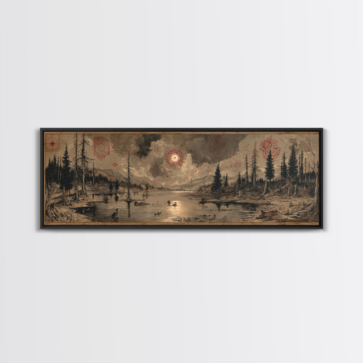 The Mirror Lake Of Lost Constellations, Occult Wall Decor, Extra Wide Wall Art, Framed Canvas Print, Halloween Home Decor, Gothic Wall Art