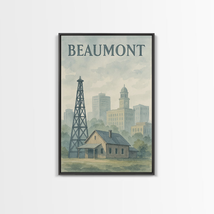 Beaumont Texas Travel Poster, Canvas Print, Painted Travel Poster Art, Beaumont Travel Art, Watercolor Urban Skyline, Living Room Wall Art