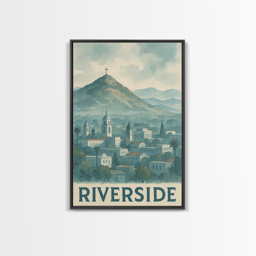 Riverside Travel Poster, Framed Canvas Print, Watercolor Skyline Wall ...