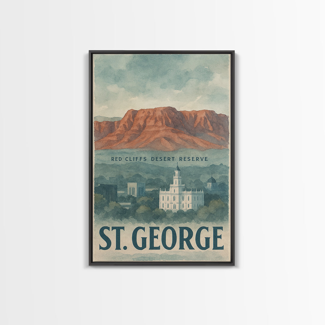 St George Travel Poster, Framed Canvas Print, Watercolor Cityscape Wall Art, St George City Art, Travel Poster Art, Watercolor Cityscape