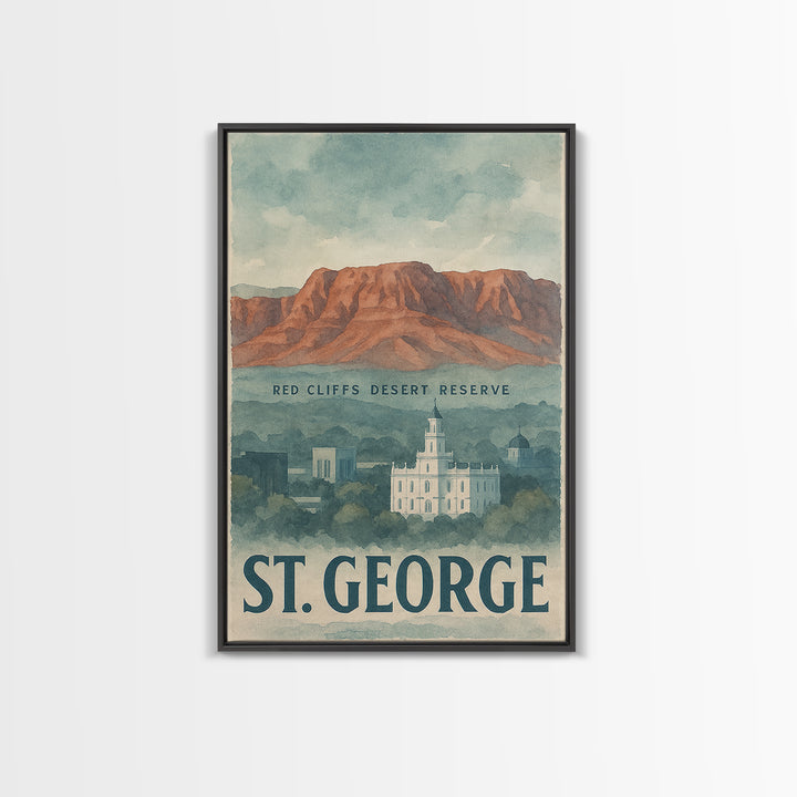 St George Travel Poster, Framed Canvas Print, Watercolor Cityscape Wall Art, St George City Art, Travel Poster Art, Watercolor Cityscape