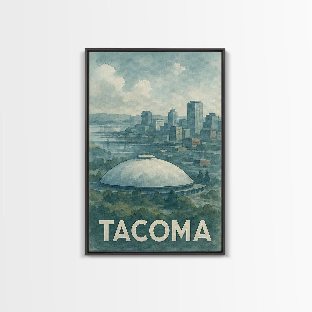 Tacoma Washington Travel Poster, Framed Canvas Print, Soft Watercolor Travel Art, Tacoma Wall Art, Travel Poster Art, Watercolor Skyline Art