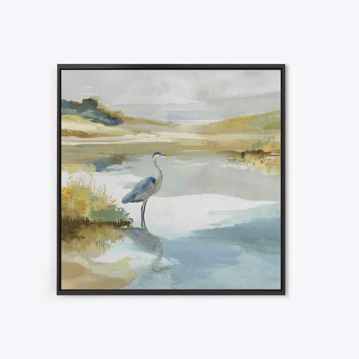 Blue Heron in Quiet Marsh Framed Canvas Print, Waiting Room Art, Wall Decor, Waiting Room Decor, Calm, Minimalist Wall Art, WRA-1x1-12