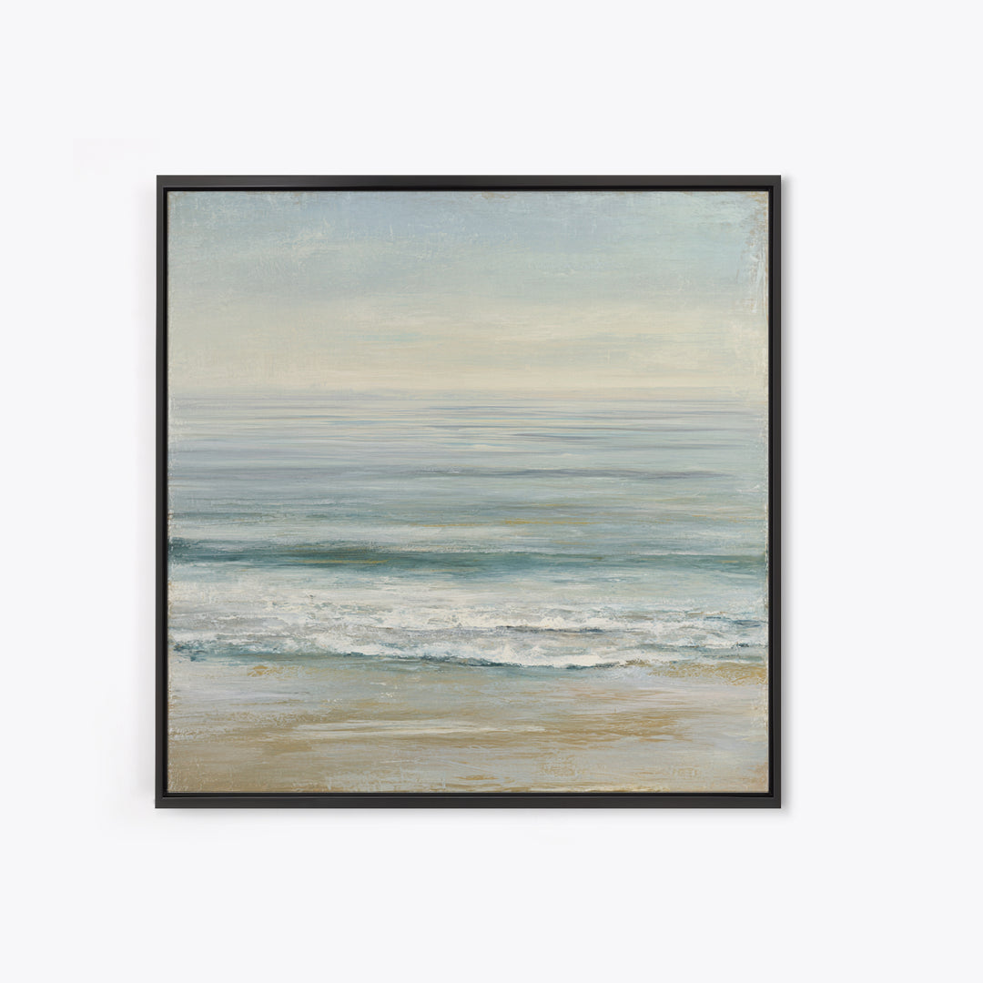 Coastal Horizon with Pale Sand and Water Framed Canvas Print, Waiting Room Art, Statement Artwork, Waiting Room Decor, Calm, WRA-1x1-57