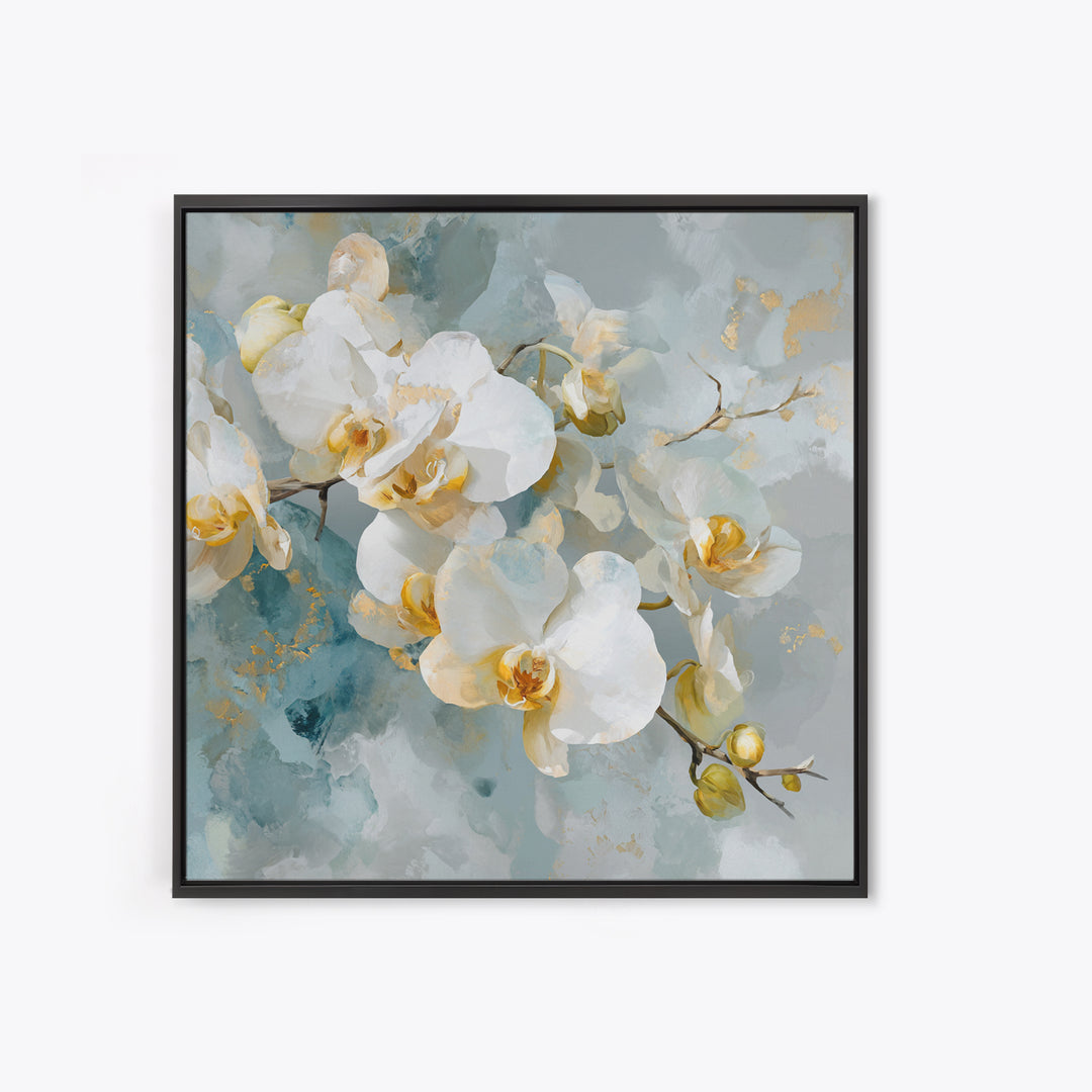 White Orchid on Light Gray Ground Framed Canvas Print, Waiting Room Art, Fine Art Print, Waiting Room Decor, Oil Painting, Calm, WRA-1x1-79