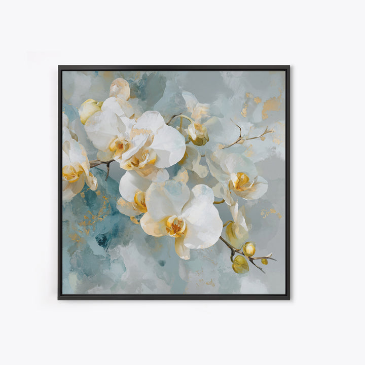 White Orchid on Light Gray Ground Framed Canvas Print, Waiting Room Art, Fine Art Print, Waiting Room Decor, Oil Painting, Calm, WRA-1x1-79