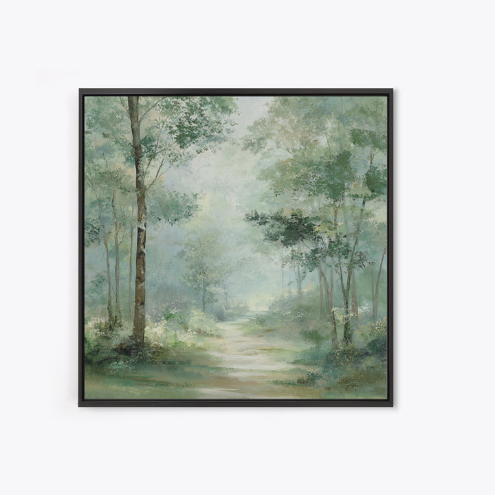 Misty Forest Path Framed Canvas Print, Waiting Room Art, Statement Artwork, Waiting Room Decor, Oil Painting, Calm, Wall Decor, WRA-1x1-83