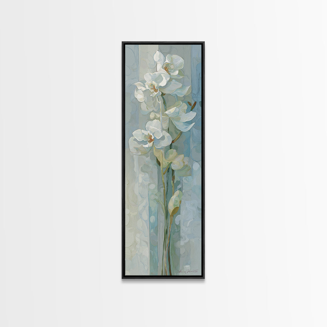 White Orchid on Light Gray Ground Framed Canvas Print, Waiting Room Art, Art, Waiting Room Decor, Fine Art, Calm, Bauhaus Print, WRA-1x3-19