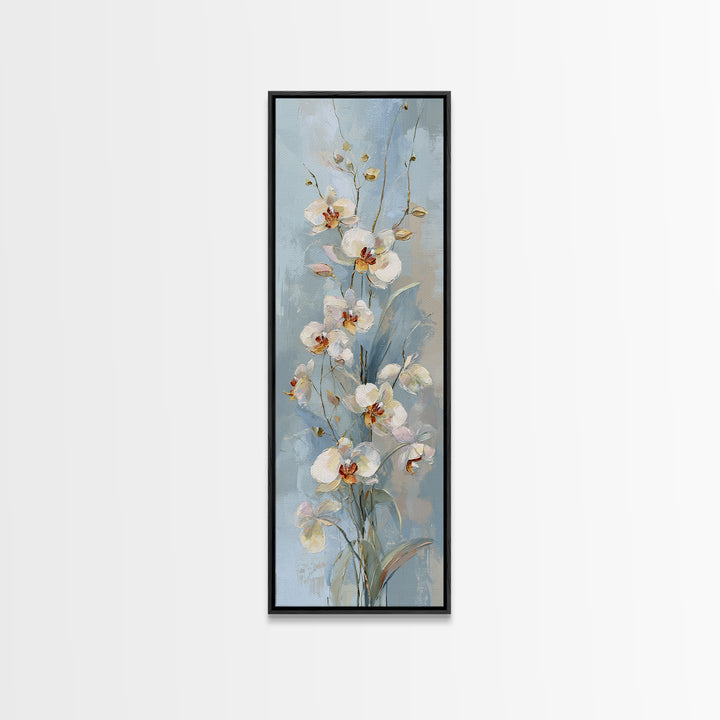 White Orchid on Light Gray Ground Framed Canvas Print, Waiting Room Art, Minimalist Art, Waiting Room Decor, Oil Painting, Calm, WRA-1x3-91